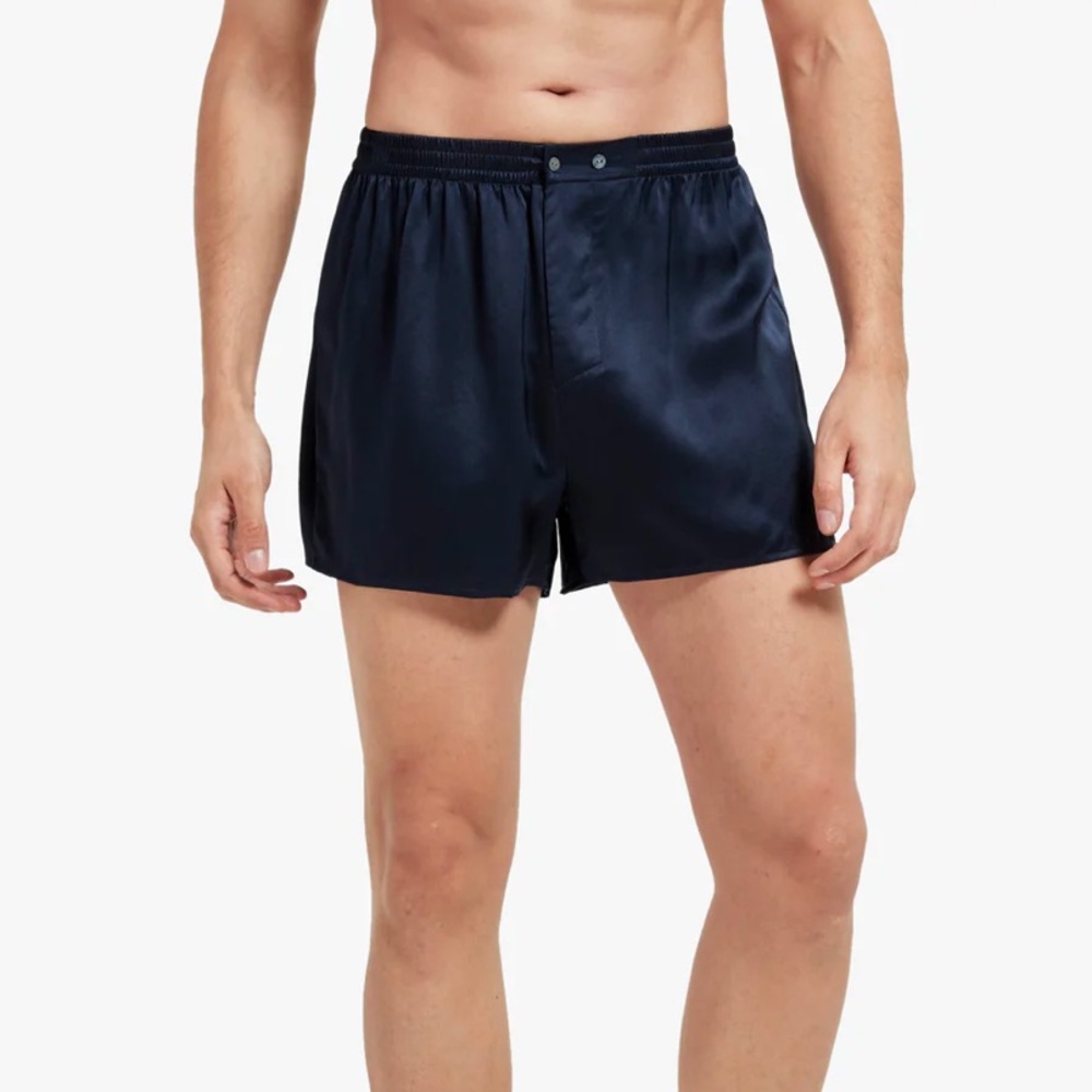 Mommesilk Luxury Fitted Draping Silk Boxer in Navy Blue | XXL NWT